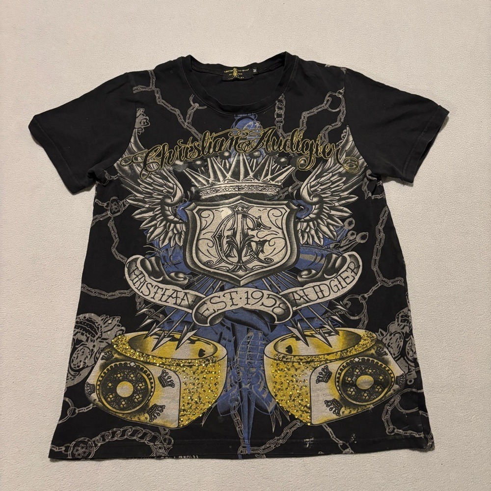 Christian Audigier Ed Hardy T Shirts Black Medium Y2K Grunge Gothic Skull AOP